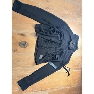 Moa Moa Black Silk Button-Up Blouse with Fringe Detail Elegant S NWT